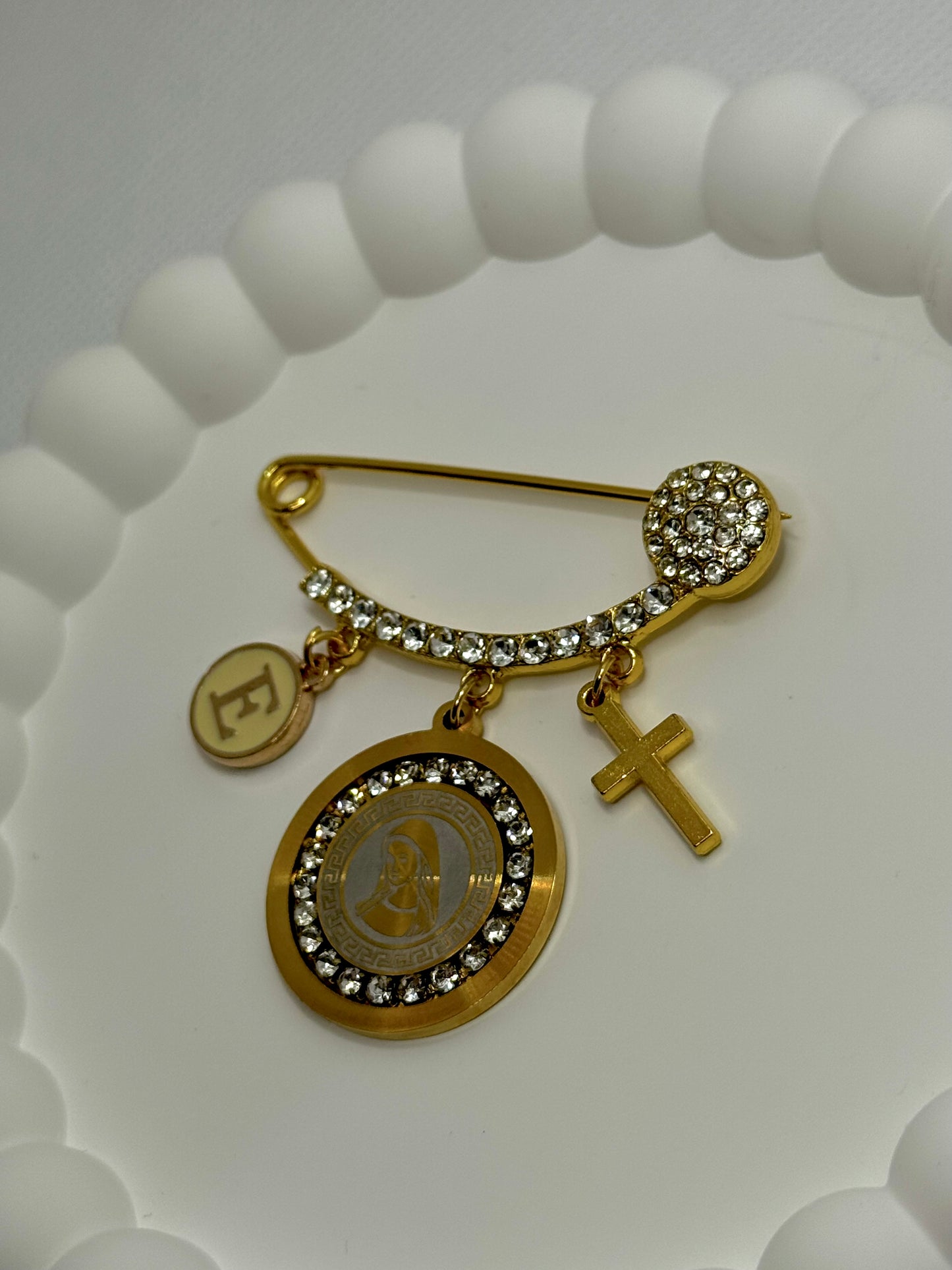 Gold Plated Baby Pin with Curved Design and Diamonds 3 Holes