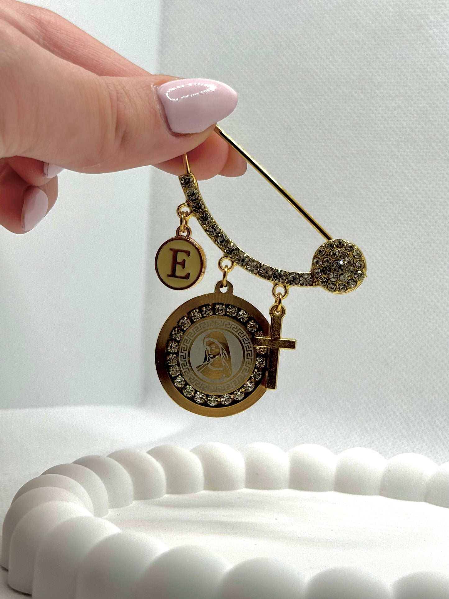 Gold Plated Baby Pin with Curved Design and Diamonds 3 Holes