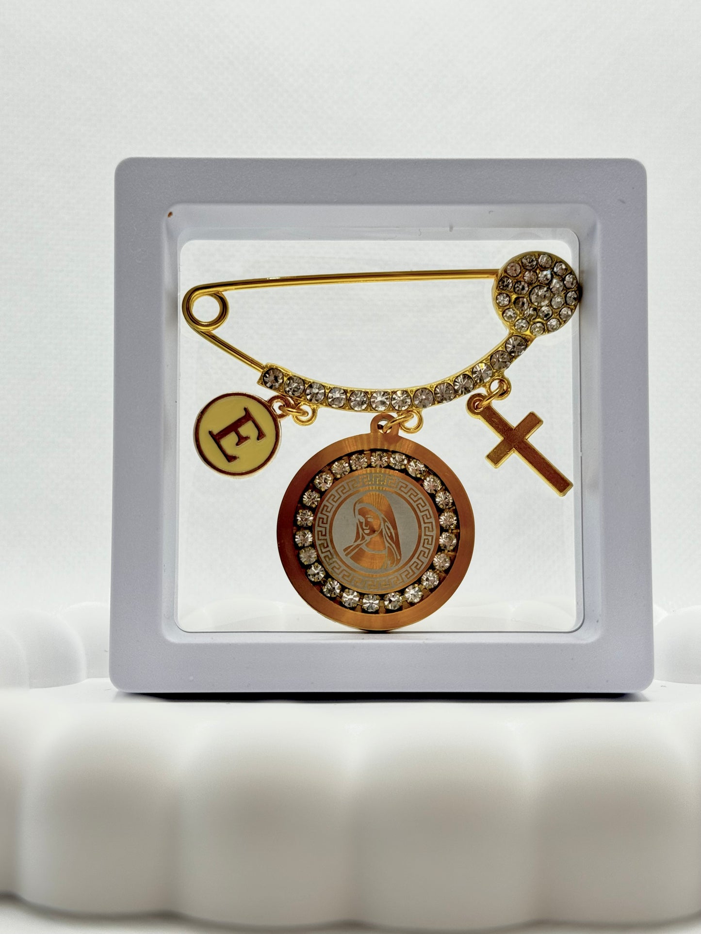 Gold Plated Baby Pin with Curved Design and Diamonds 3 Holes